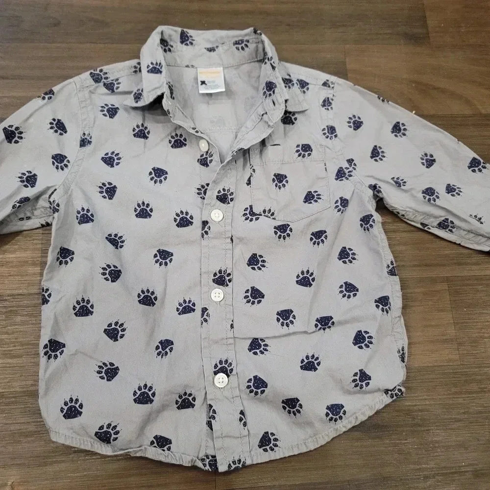 Gymboree Boys 18-24 Mos Gray Paw Print Button Down Shirt